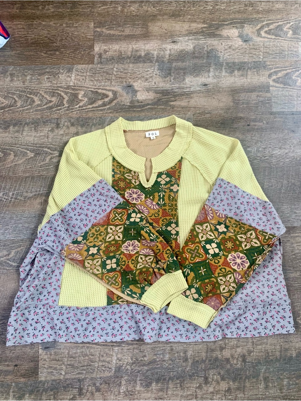 POL Boho Cottagecore Waffle Knit Patchwork Sweatshirt